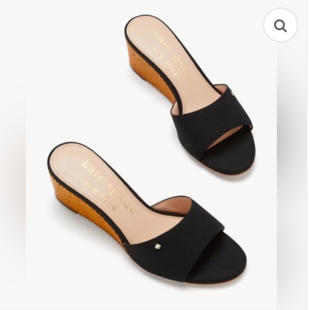 Kate Spade Meena Canvas Black and Tan Wedge Slides